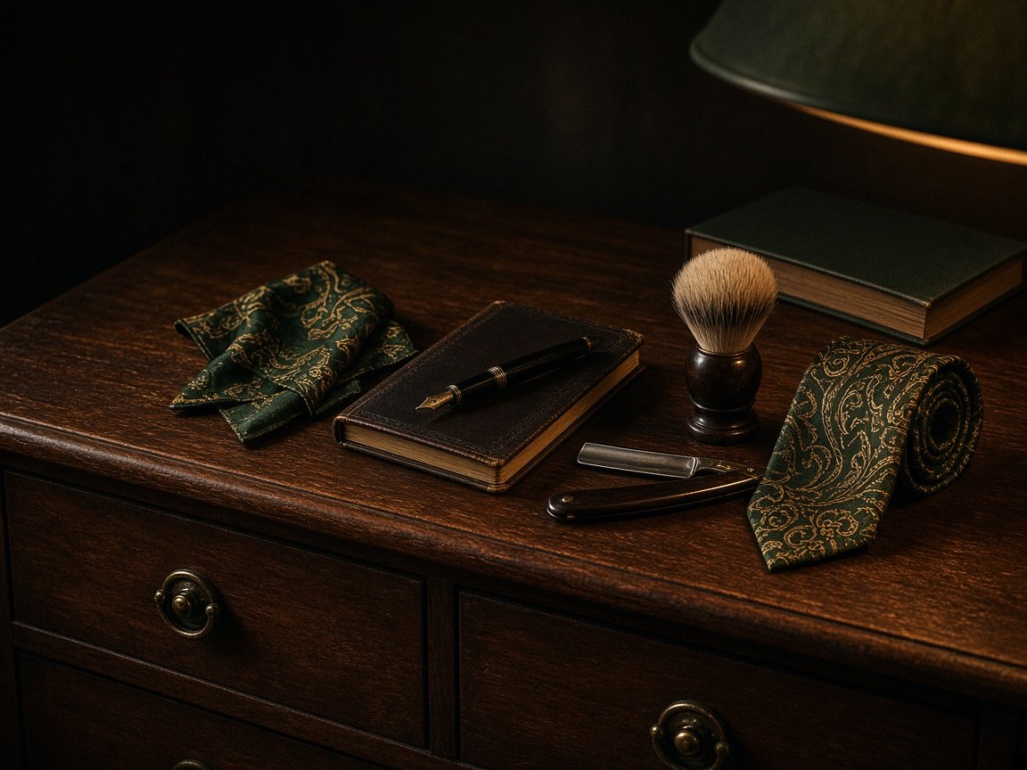 Fountain pen, notebook, straight razor and silk tie on a walnut dresser