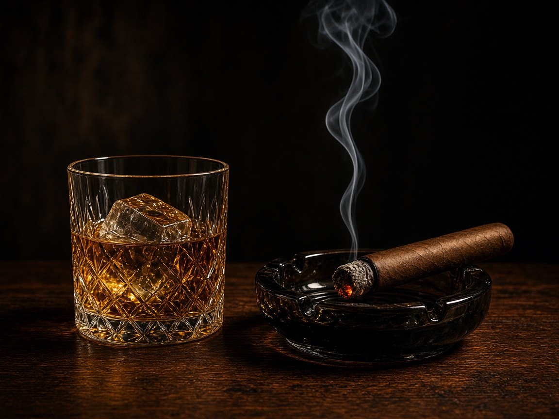 A glass of whiskey beside a lit cigar in a glass ashtray