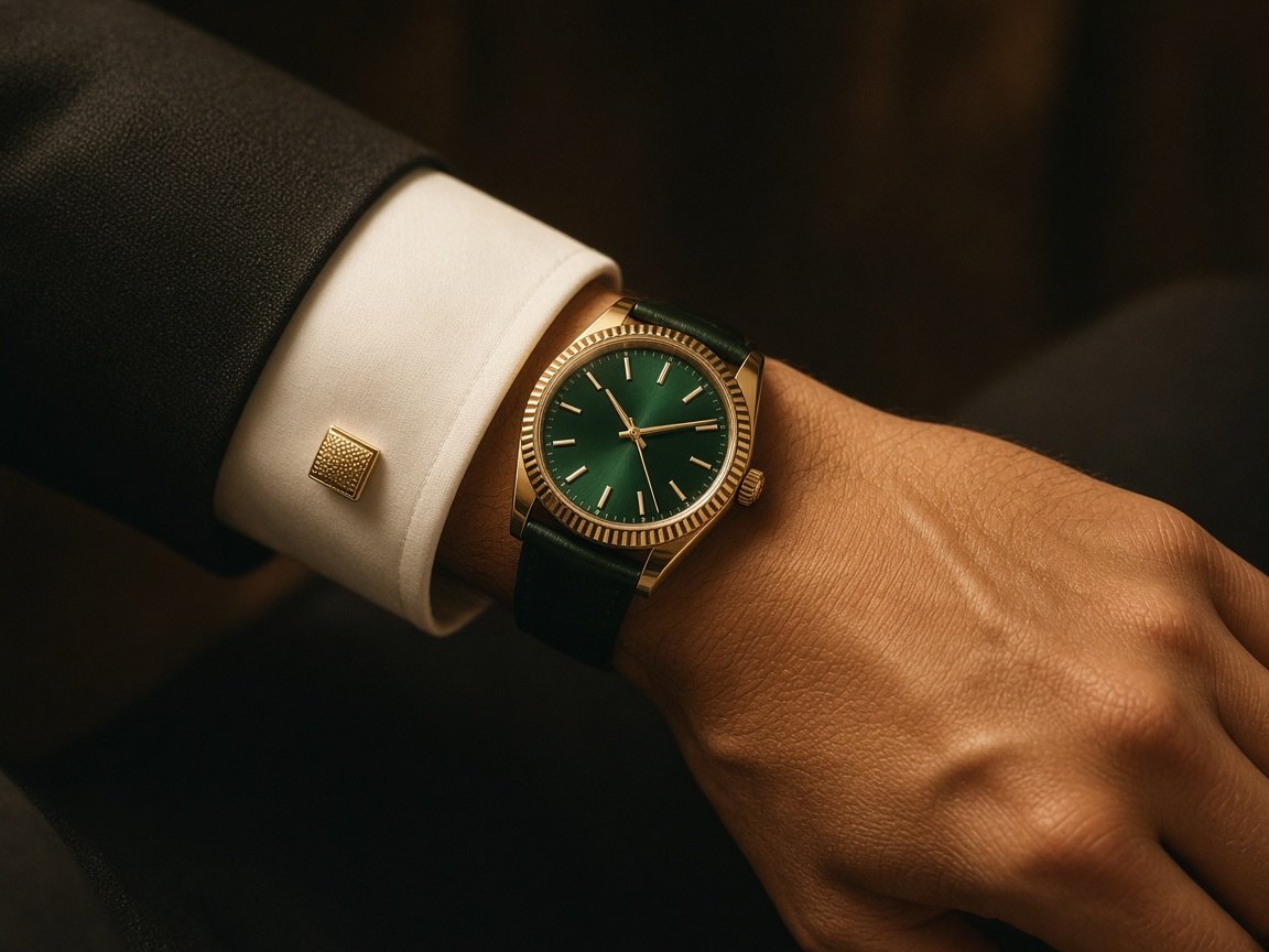 A gold dress watch with a green dial on a French-cuffed wrist